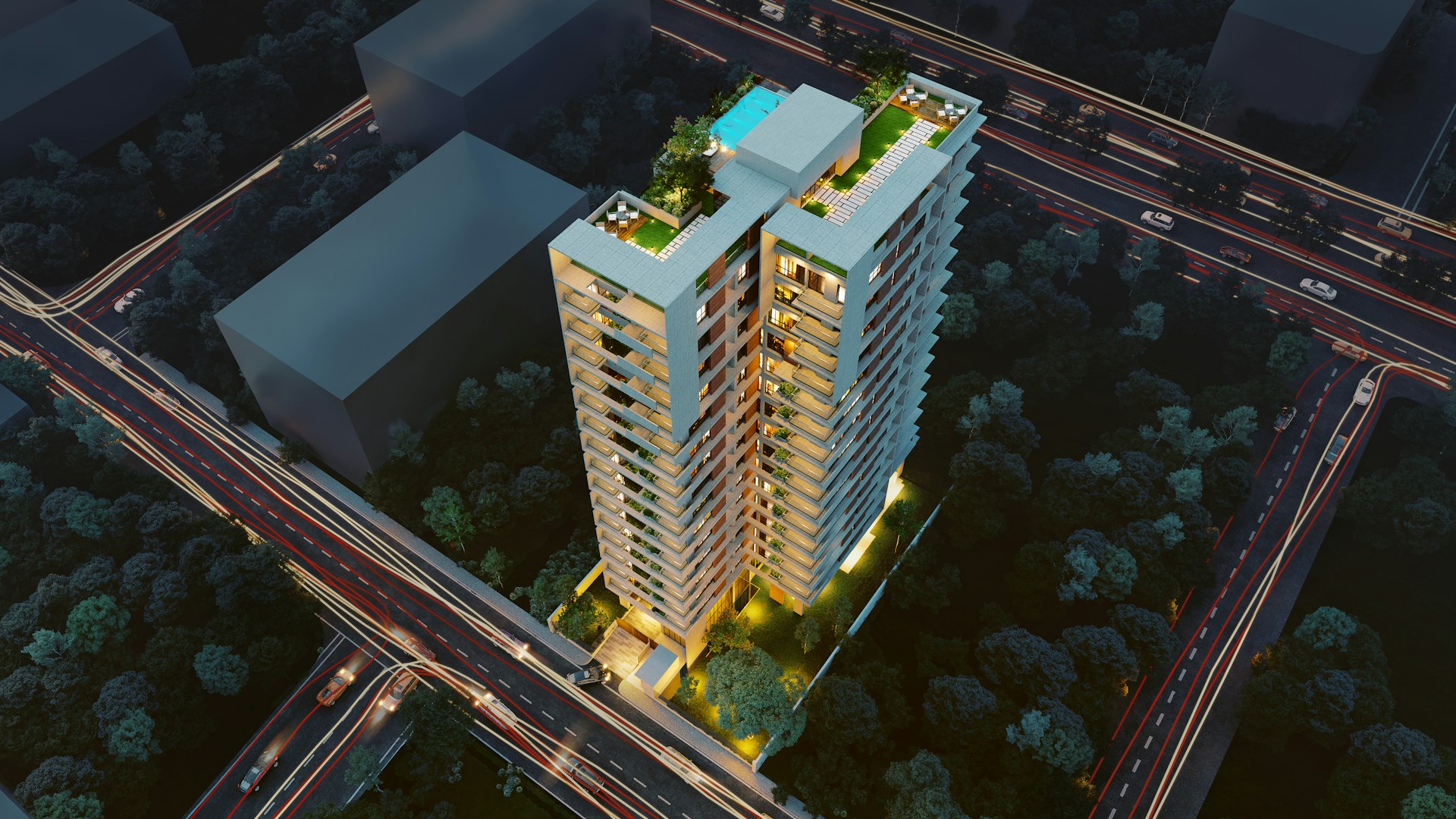 Modern skyscraper with rooftop pool surrounded by roads.
